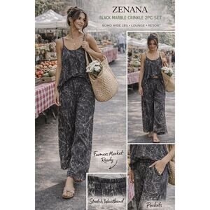 Zenana Black Marble Crinkle 2PC Set Small Boho Wide Leg Lounge Resort